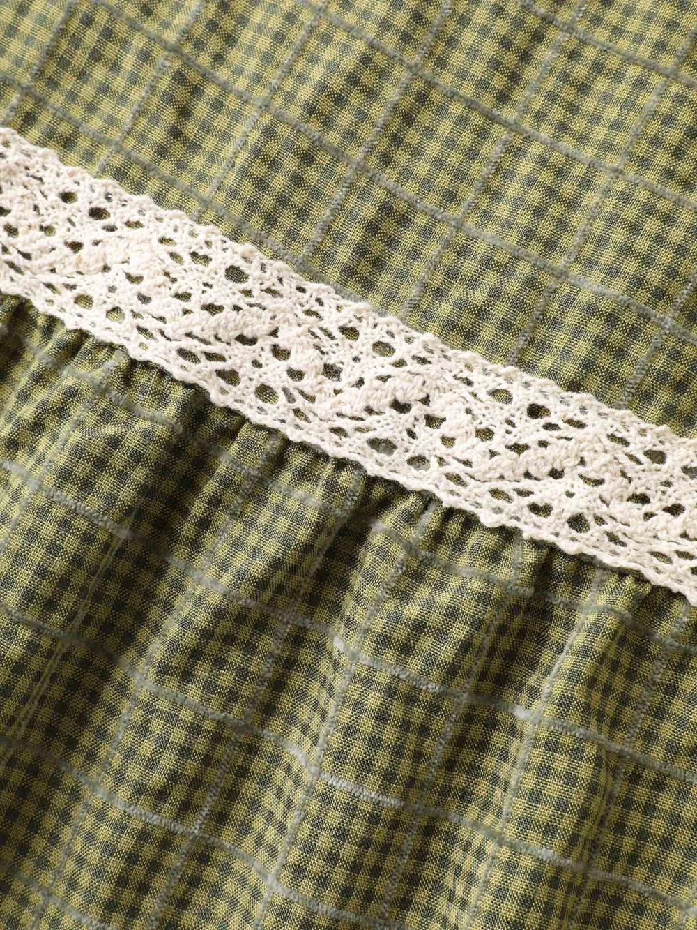 Plaid Shirred Lace Trim Tiered Maxi Dress