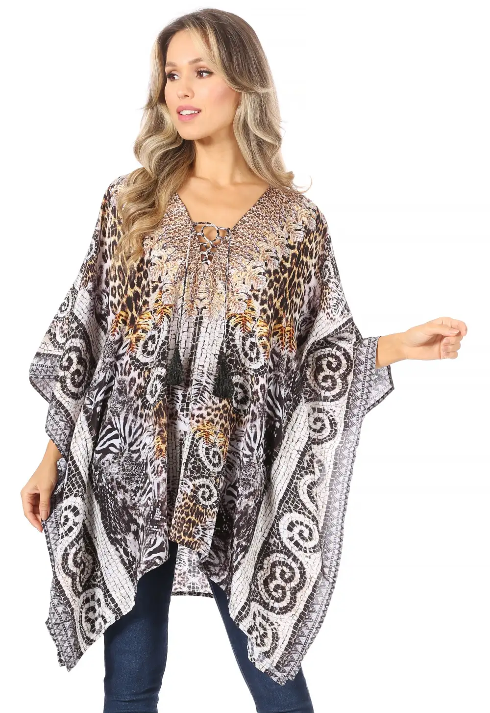 Women's Caftan Poncho Cover up V neck Top Lace up With Rhinestone