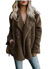 Women's Teddy Coat Comfortable Breathable Buttons Casual Plain Vacation Street Casual Daily Wear Double Breasted Regular Turndown Regular Fit Long Sleeve Outerwear White Red Dark Grey Spring Fall