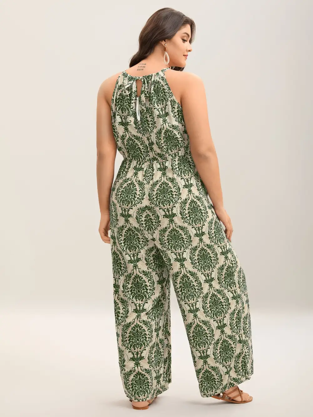 Rayon Damask Print Stretchy Waist Jumpsuit