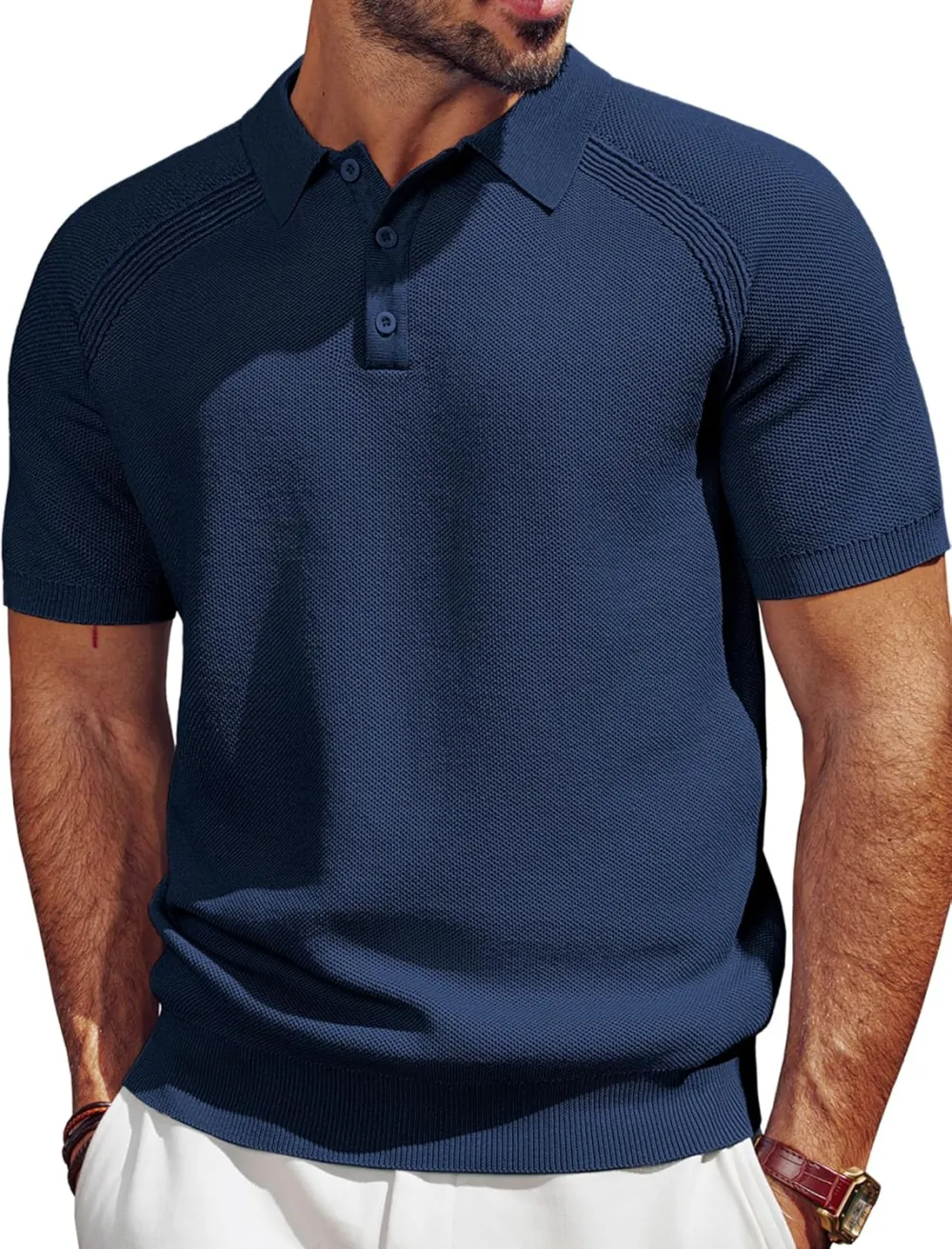 Men's Polo Shirt Short Sleeve Textured Knit Button Shirts Raglan Sleeve Casual Golf Shirt