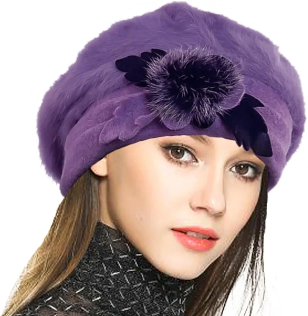 Lady French Beret 100% Wool Beret Floral Dress Beanie Winter Hat