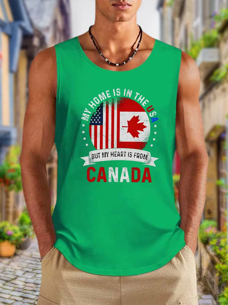 Men'S My Home Is In The Usa But My Heart Is From Canada Round Neck Cotton Vest