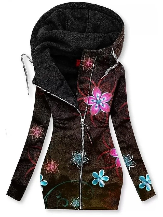 Women's Zip Hoodie Sweatshirt Sports Basic Drawstring Zip Up Front Pocket Black Pink Navy Blue Floral Geometric Butterfly Street Casual Hoodie Long Sleeve Top Micro-elastic Fall & Winter
