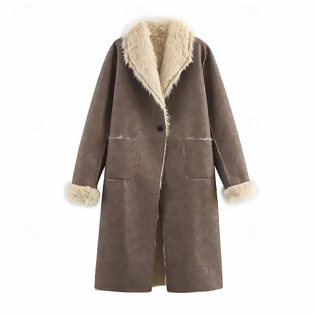 Women's Coat Faux Fur Coat Warm Comfortable Pocket Buttons Casual Plain Vacation Street Casual Going out Long Turndown Regular Fit Long Sleeve Outerwear Brown Fall Winter