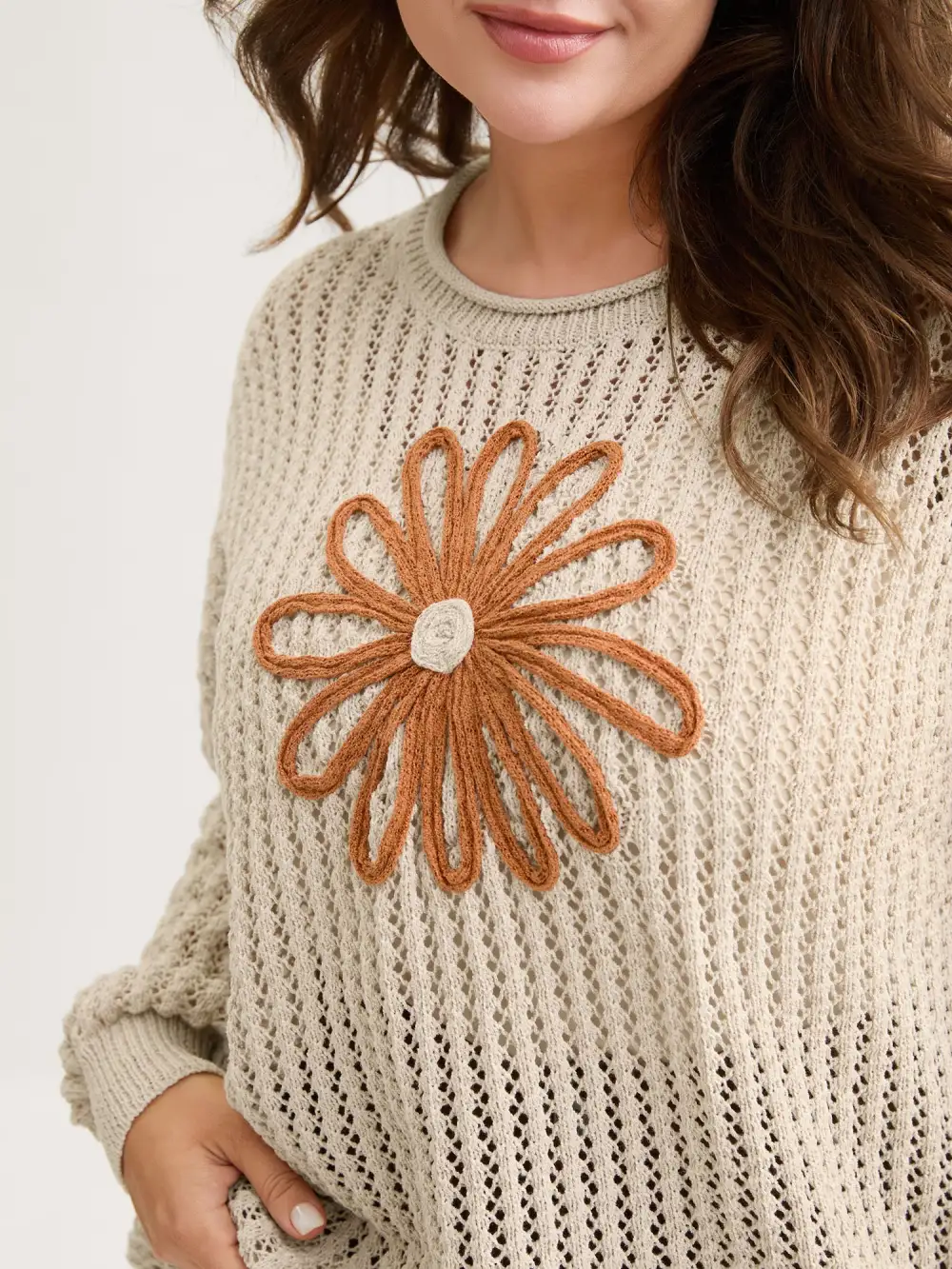 Floral Motif Cut-Out Textured Pullover