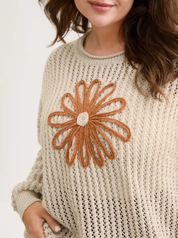 Floral Motif Cut-Out Textured Pullover