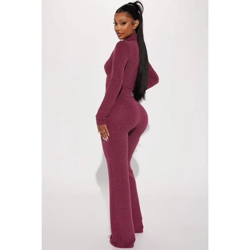 Ribbed Knit Collared Deep V Slim-Fit Set - Fashion Two-Piece with Flared Pants