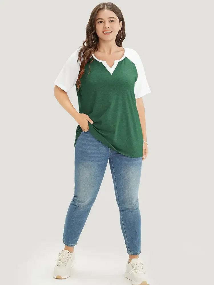 Colorblock Contrast Notched Raglan Sleeve T-shirt