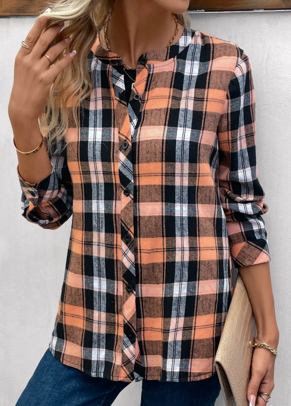 Orange Button Plaid Long Sleeve Round Neck Blouse