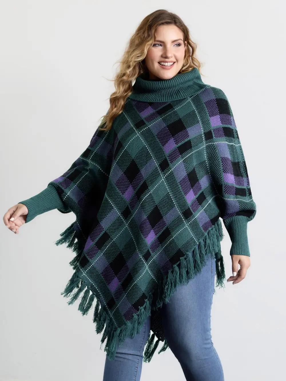 Holiday Plaid Turtleneck Fringe Hem Pullover