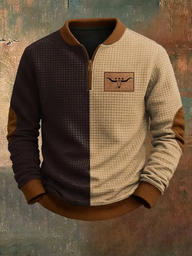 Men's Vintage Western Print Jacquard Zip-Up Sweatshirt