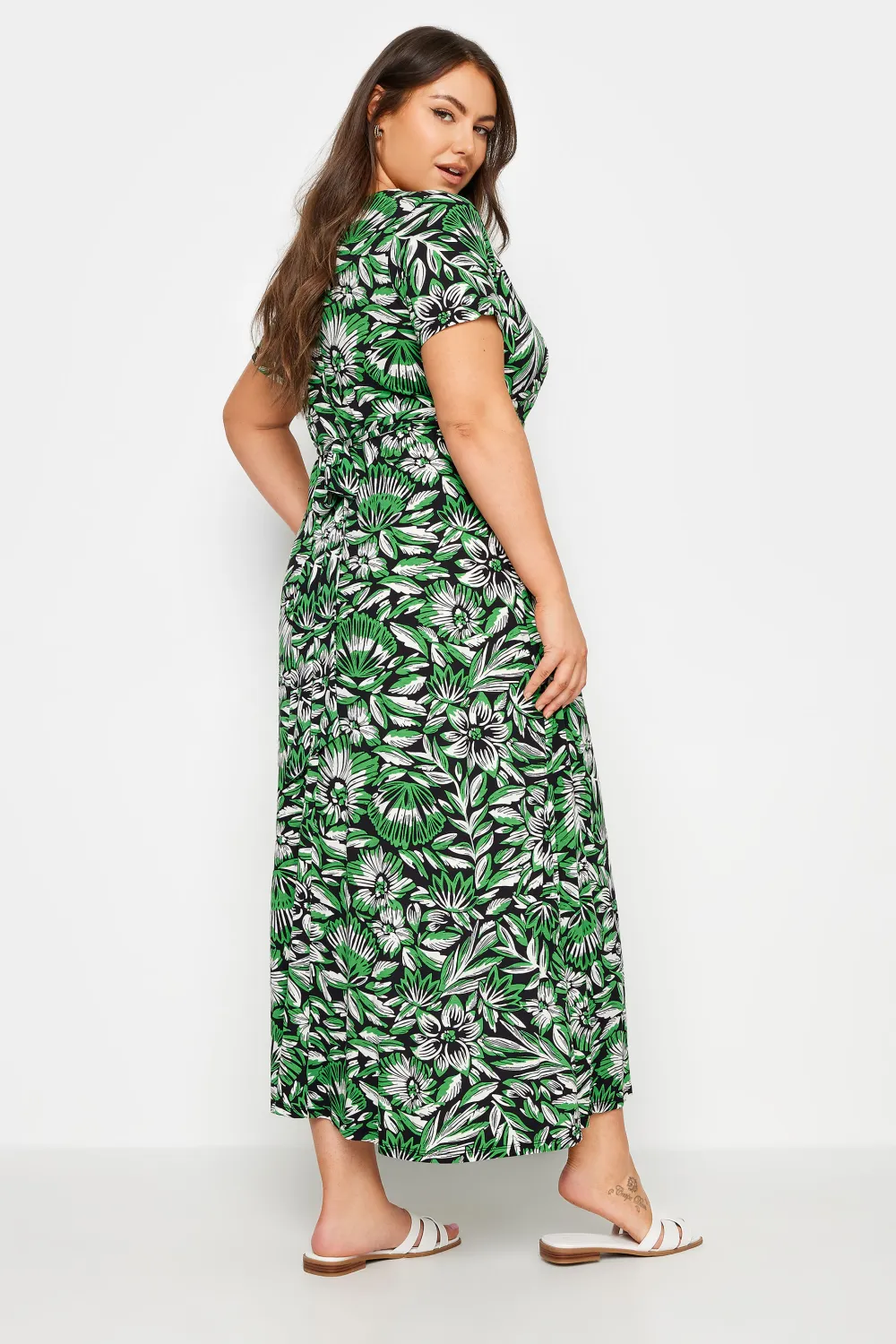 YOURS Curve Black Leaf Print Tiered Maxi Dress
