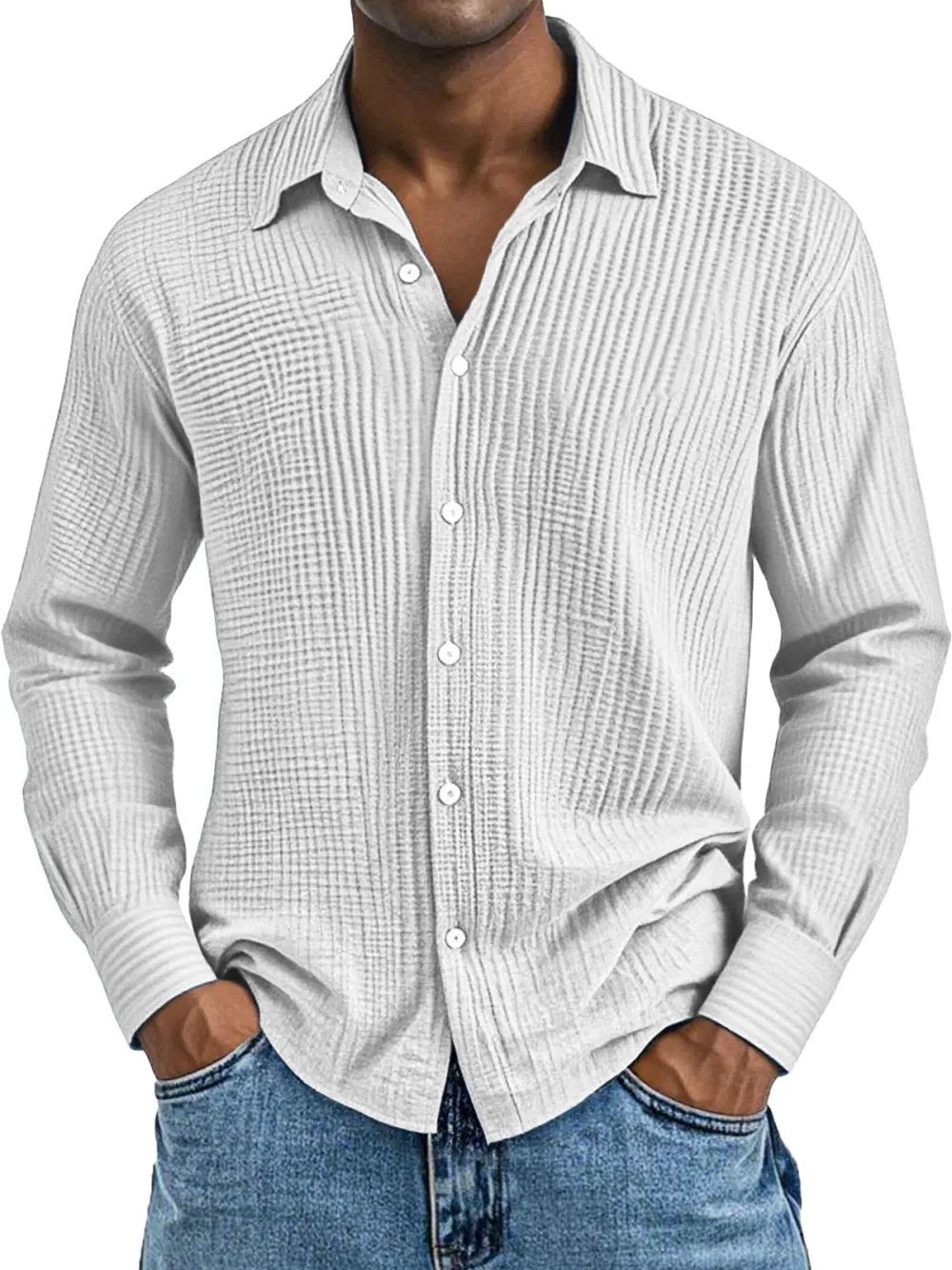Men's Daily Casual Solid Color Pure Cotton Pleated Texture Long-sleeved Shirt
