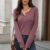 Women's Texture Blouse T Shirt Plain Casual Long Sleeve V Neck Regular Tops Daily Going out Buttons Black Dusty Blue Fuchsia Brown Beige Fall