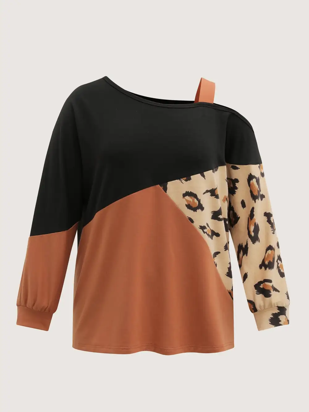 Leopard Print Colorblock One-Shoulder Sweatshirt