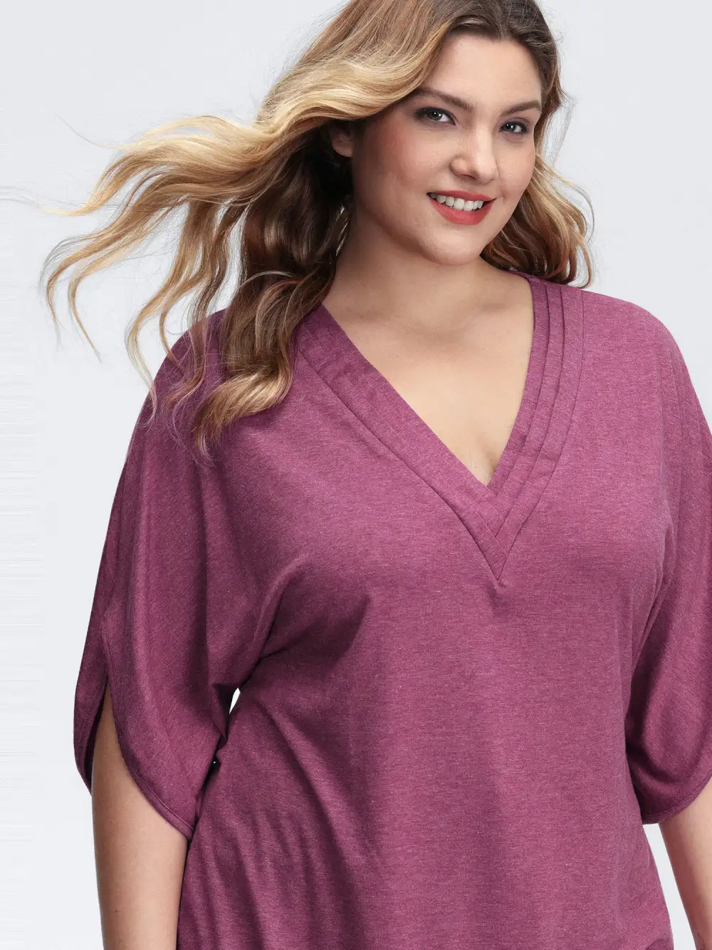 V-Neck Plicated Detail Bat Sleeve T-Shirt