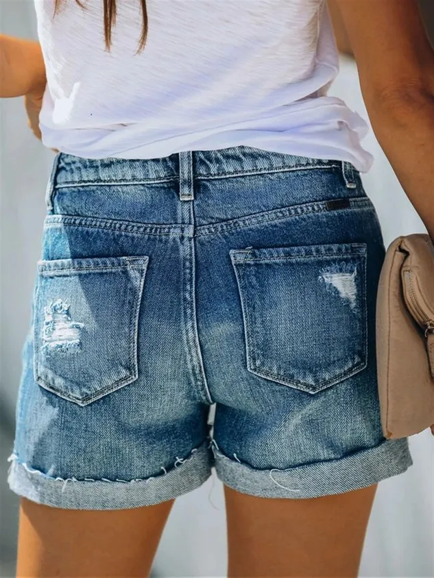 Casual Plain Fit Buttoned Denim Denim shorts