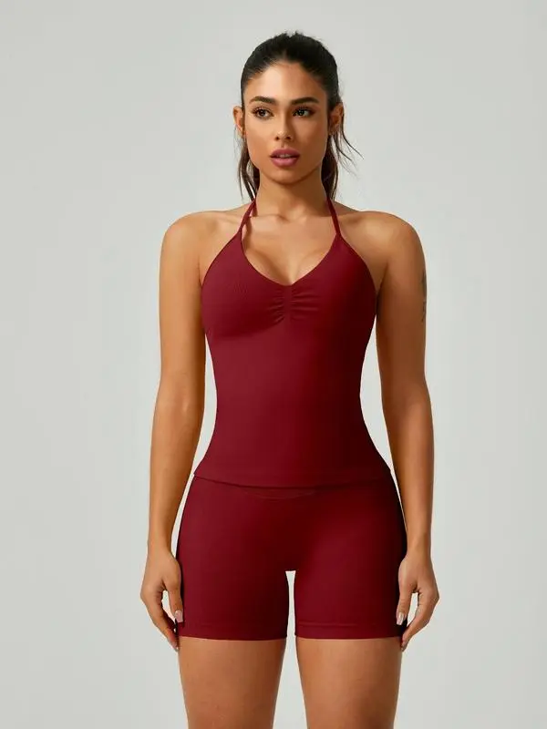 Women's Solid Ruched Design Backless Halter Top & High Waist Shorts Tracksuit Set