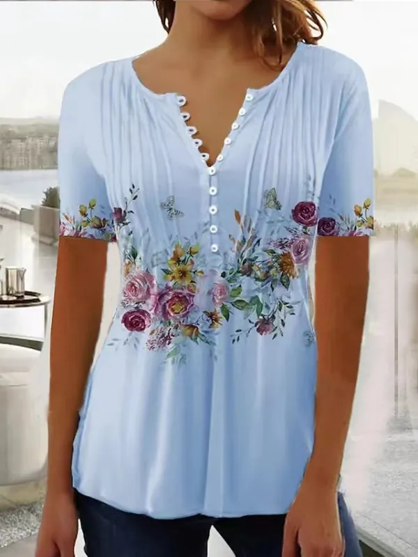Women's Shirt Blouse White Pink Blue Floral Button Print Short Sleeve Casual Holiday Tunic Basic Round Neck Regular Fit Floral