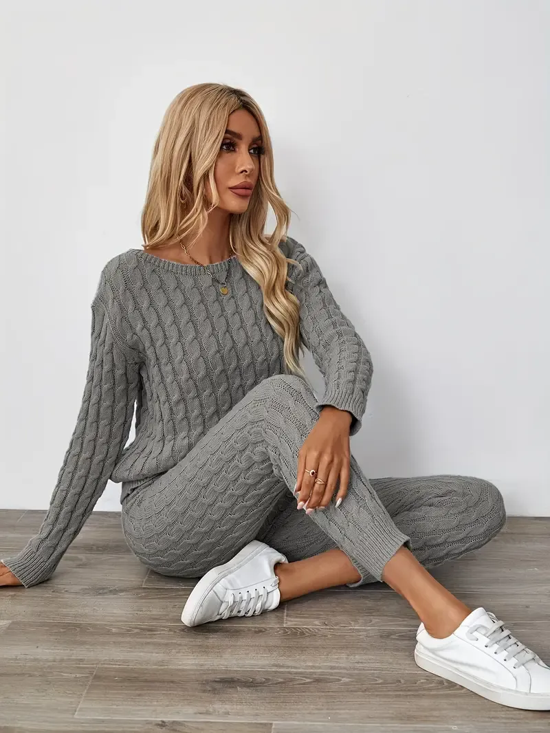 Solid Knitted Matching Two-piece Set, Casual Long Sleeve Sweater & Pants Outfits, Women's Clothing