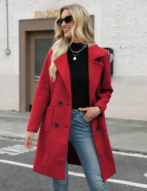 Women Winter Wool Blend Camel Mid-Long Coat Notch Double-Breasted Lapel Jacket Outwear