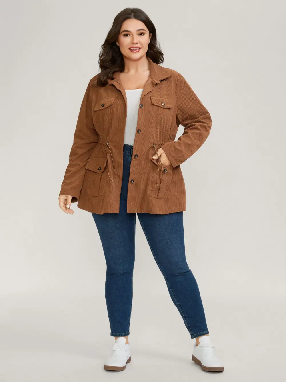 Corduroy Drawstring Adjustable Button Jacket