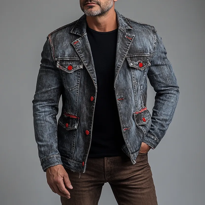 Men's Street Notch Lapel Contrast Buttons Washed Denim Jacket