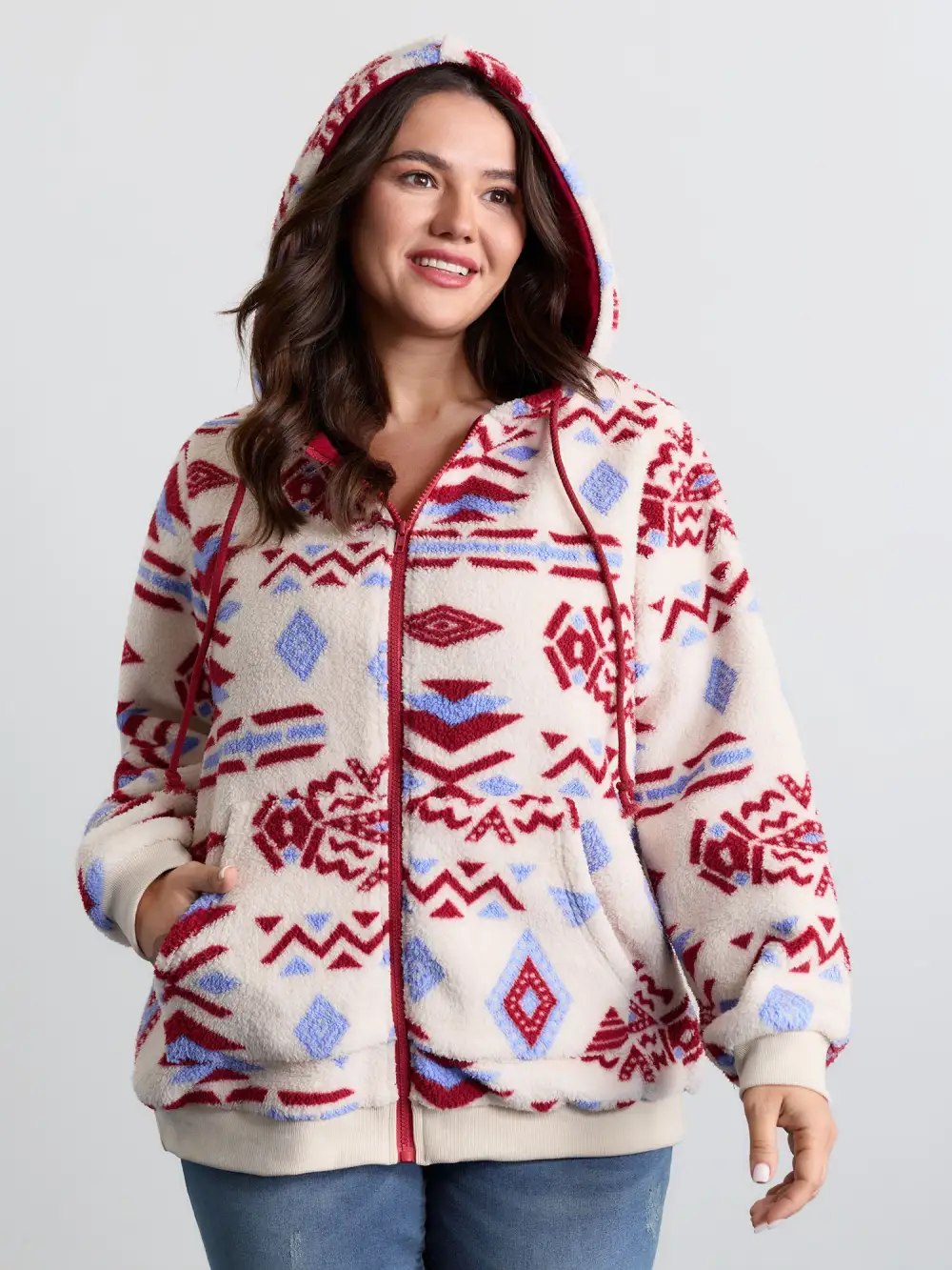 Holiday Pattern Zipper Contrast Jacket