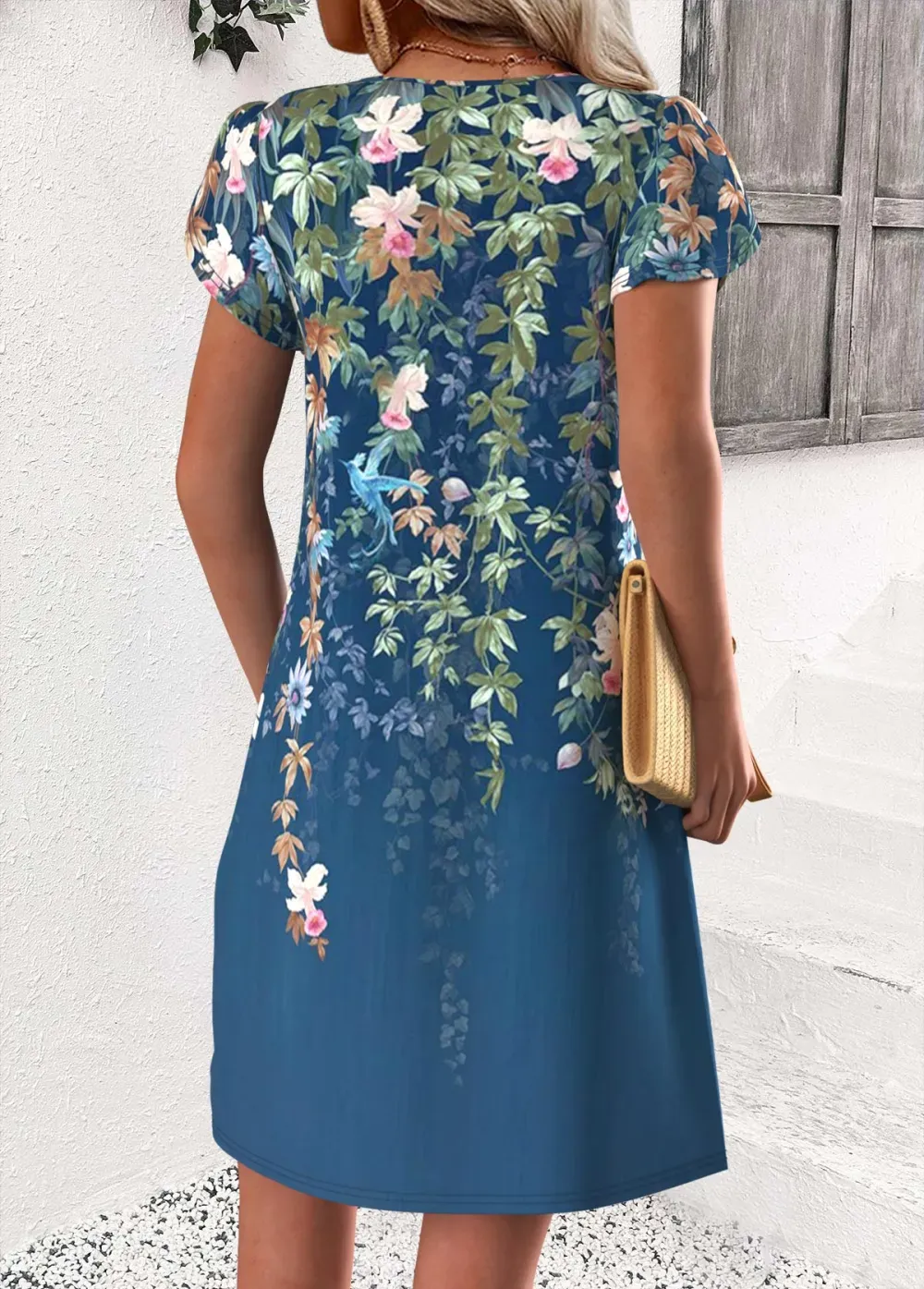 Peacock Blue Floral Print Short Split Neck Dress