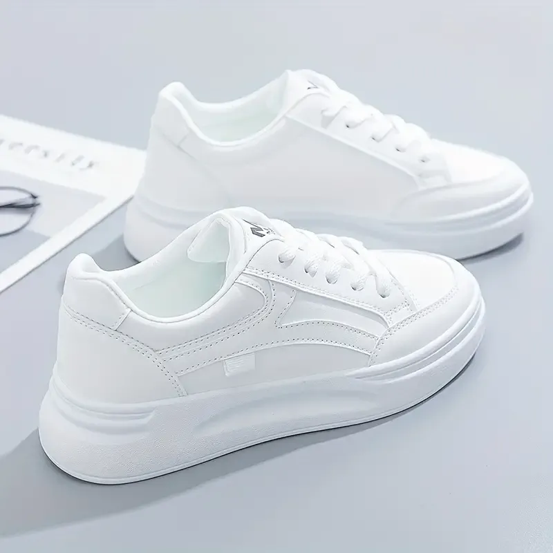 Stylish White Platform Lace Up Shoes for Women - Elevate Your Height, Versatile Low Top Design, Breathable Outdoor Walking Shoes with Comfortable Fit