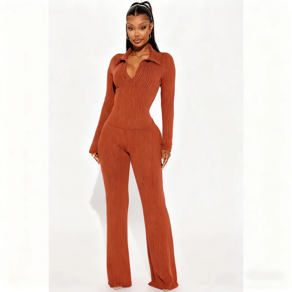 Ribbed Knit Collared Deep V Slim-Fit Set - Fashion Two-Piece with Flared Pants