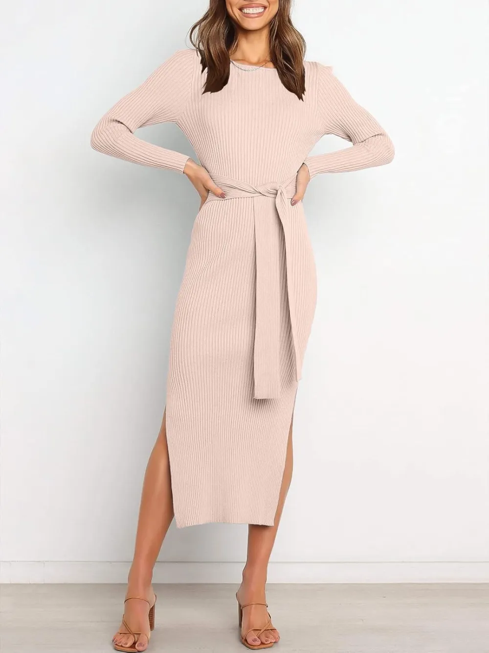 Long Sleeve Sweater Dress Crew Neck Slim Fit Slit Tie Waist 2024 Ribbed Knit Bodycon Midi Dress Fall Outfits
