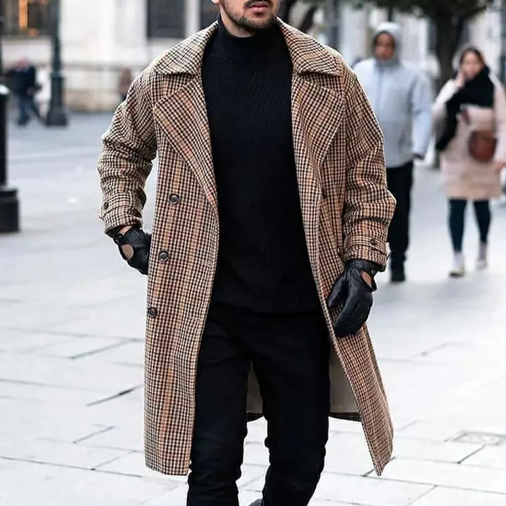 Men's Fashion Plaid Lapel Coat Mid Length Coat