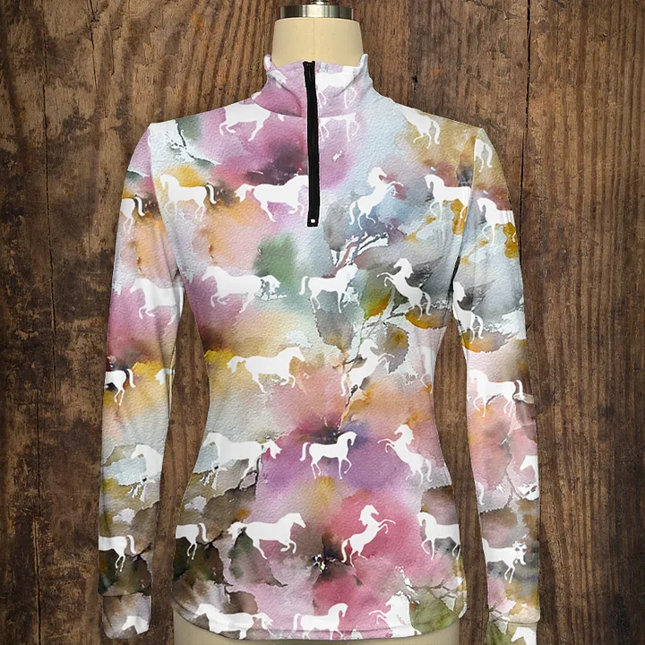 Four Seasons Women's Equestrian Style Horse Print Long Sleeve Casual Shirt