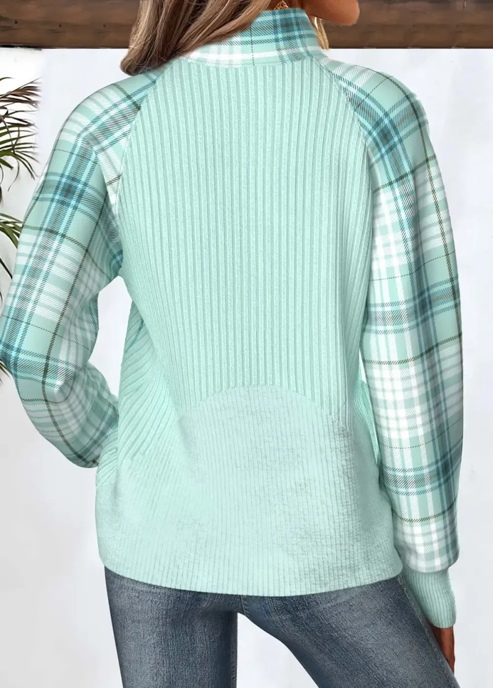 Light Green Tummy Coverage Plaid Long Sleeve Sweatshirt