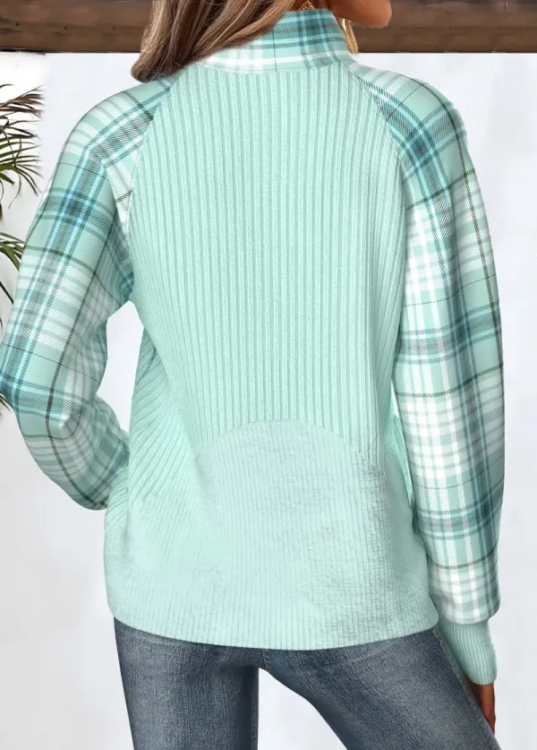 Light Green Tummy Coverage Plaid Long Sleeve Sweatshirt