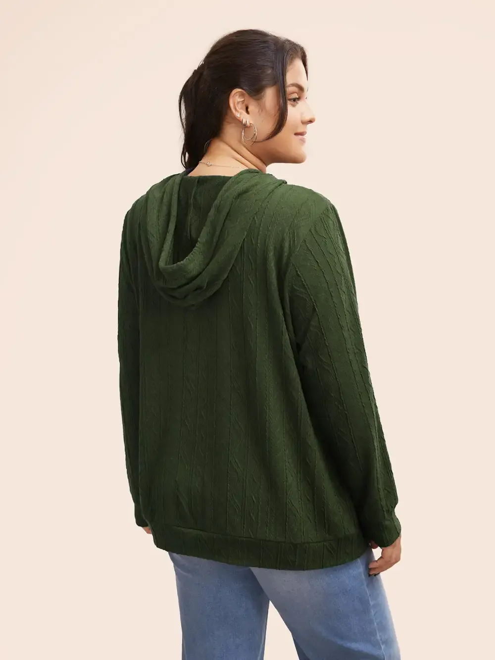 Plain Textured Hooded Drawstring Sweatshirt