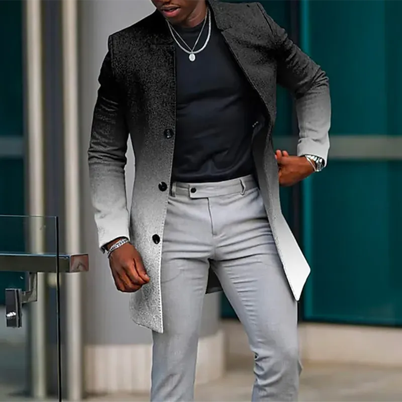 Men's Casual Gradient Graphic Stand Collar Single Breasted Mid-Length Overcoat