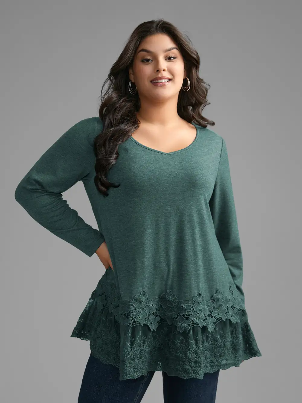 V Neck Lace Panel Jersey Top