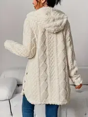 Elegant Beige Quilted Faux Fur Hooded Cardigan