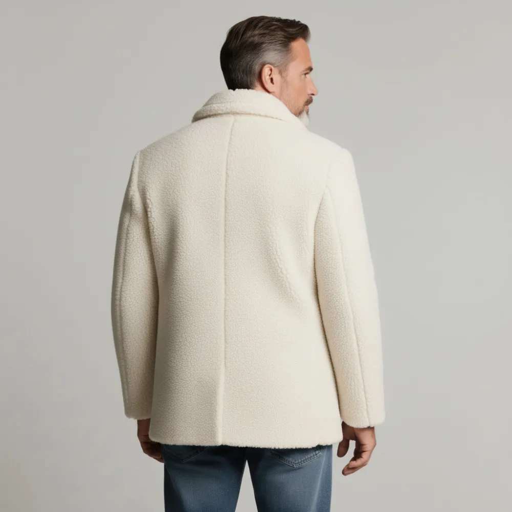 Men's White Teddy Fleece Lapel Collar Long Sleeve Double Breasted Blazer