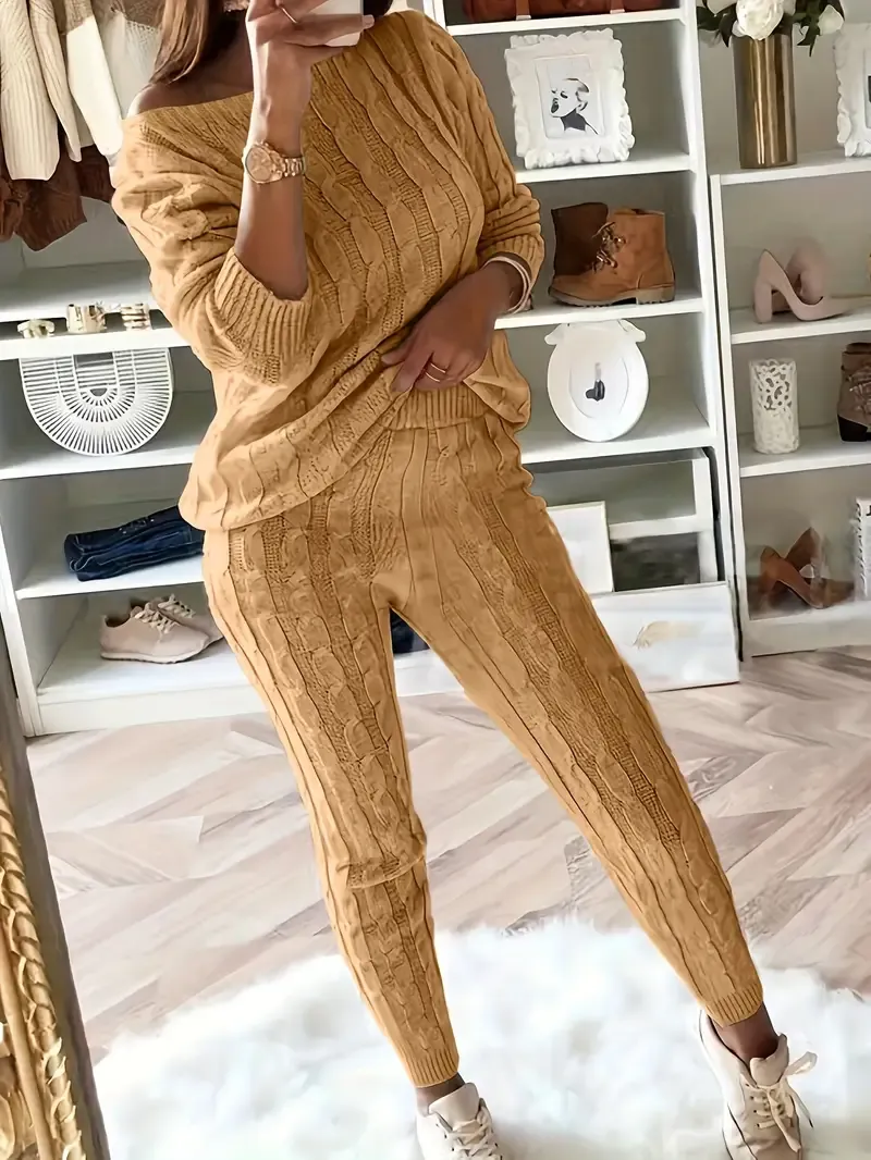Solid Knitted Matching Two-piece Set, Casual Long Sleeve Sweater & Pants Outfits, Women's Clothing