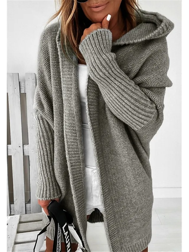 Women's Cardigan Hooded Solid Color Stylish Basic Casual Long Sleeve Loose Sweater Cardigans Hooded