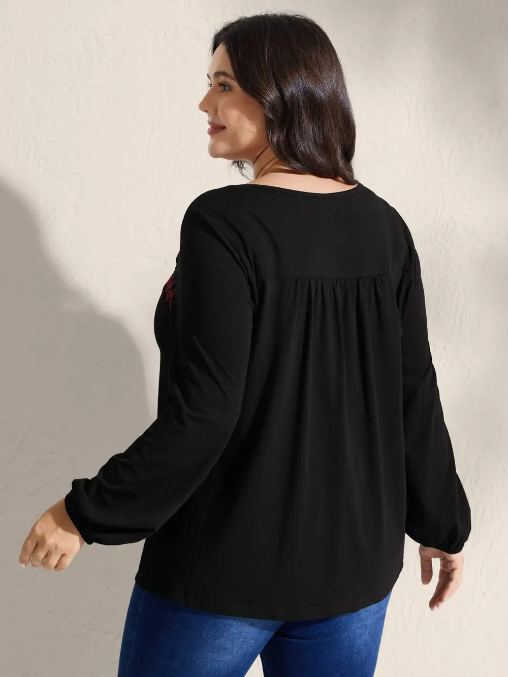 Floral Embroidery Neckline Shirred Knit Top