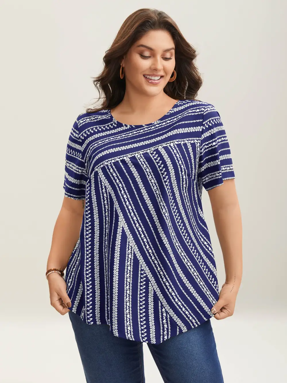 Striped Overlap Print Curvy Hem Blouse