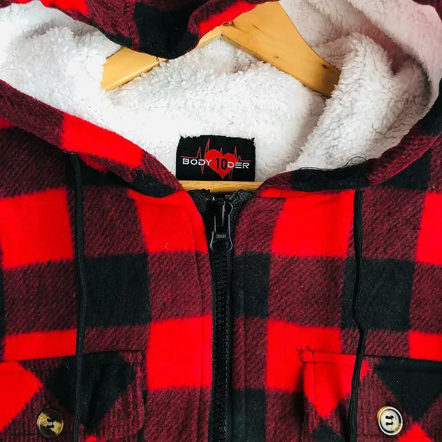 Check Striped Textured Lamb Velvet Hooded Jacket