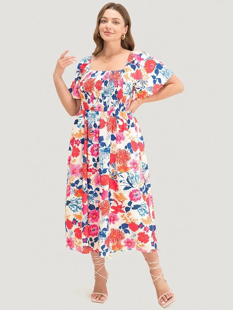 Floral Backless Shirred Square Neck Pocket Ruffle Hem Dress