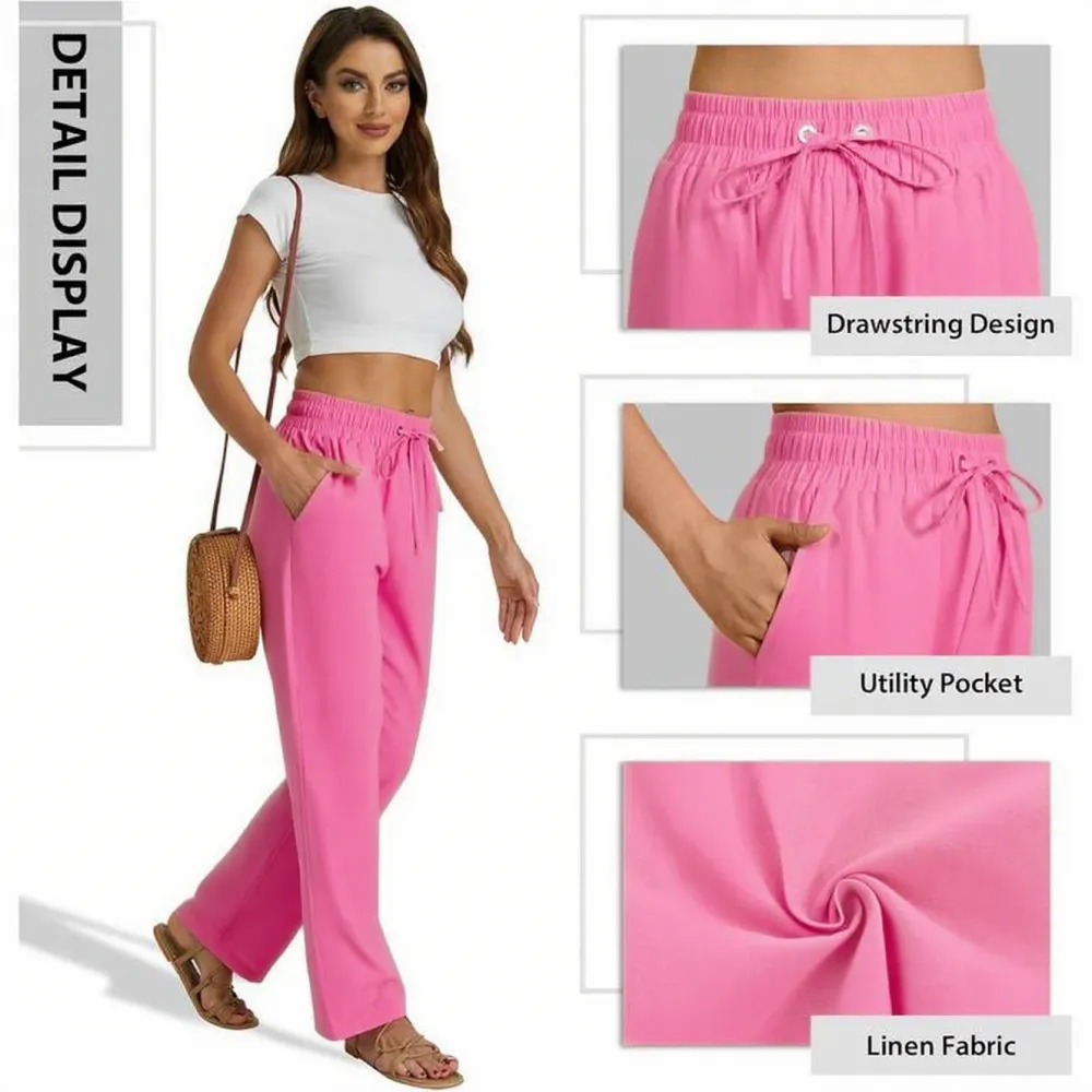 Women’s High Waist Linen Drawstring Pants – Casual Loose Fit with Pockets