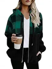 Women's Winter Coat Winter Jacket Teddy Coat Hoodie Jacket Outdoor Street Daily Fall Winter Regular Coat Regular Fit Warm Breathable Comtemporary Stylish Jacket Long Sleeve Stripes and Plaid with
